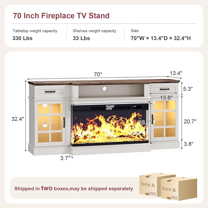 70" TV Stand with 36" Electric Fireplace, Entertainment Center Console Table for TV up to 80'', Fireplace TV Stand with Open Storage Shelves and Glass Door for Living Room, White