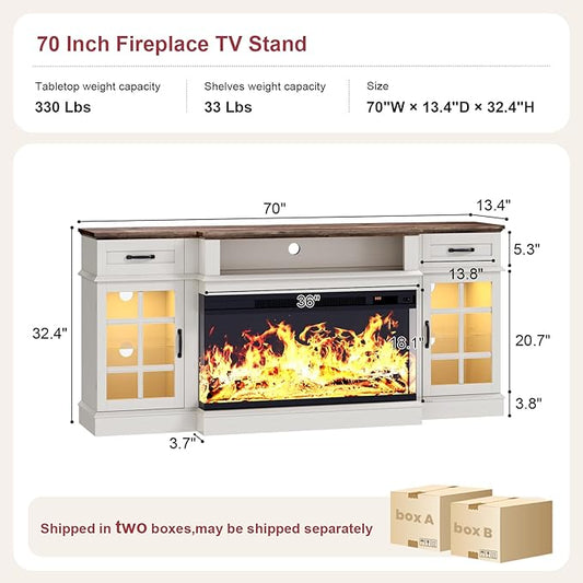 70" TV Stand with 36" Electric Fireplace, Entertainment Center Console Table for TV up to 80'', Fireplace TV Stand with Open Storage Shelves and Glass Door for Living Room, White