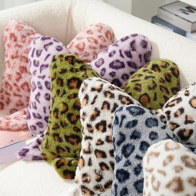 Leopard Print Throw Pillow Furry Bow Plush Pillows Cute Flower Plush Pillow Cheetah Home Decor Stuffed Bow Lumbar Pillow for Bed Couch Living Room Decor (White-A, 16in)