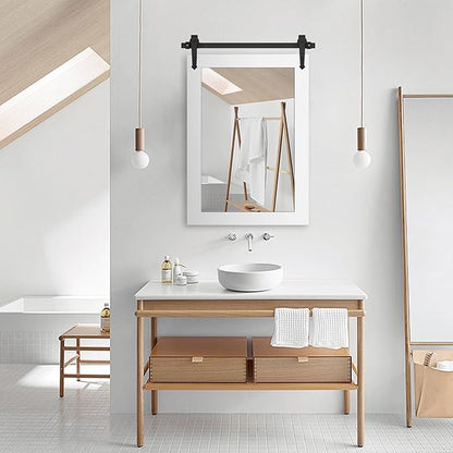 Farmhouse Bathroom Mirror for Over Sink 22”x32” Wood Frame Rustic Barn Door Bathroom Vanity Mirror, Wall Mirror for Bathroom, Living Room, Bedroom, Entryway (Bright White)