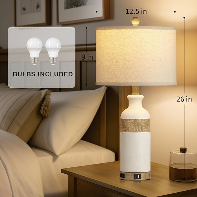 Cinkeda Boho Rattan Table Lamps for Bedroom Nightstand 26" Farmhouse Bedside lamp Set of 2 with USB C+A Ports & AC Outlet,3-Way Dimmable Touch Control Vintage Lamps for Living Room(Include Bulbs)