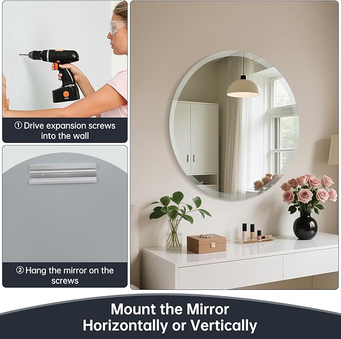 Frameless Round Mirror 30 Inch, Round Mirror with 1 inch Beveled Edge, Beveled Bathroom Mirrors for Vanity, Living Room, Entryways