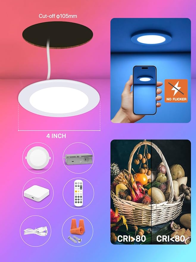 12Pack Smart LED RGB Recessed Lighting 4Inch,Color Changing Canless Downlight,2700K-6500K, 2.4GHz Wi-Fi & Bluetooth,9W 2640lm,Works with Tuya App,Alexa & Google Assistant,Gateway Included