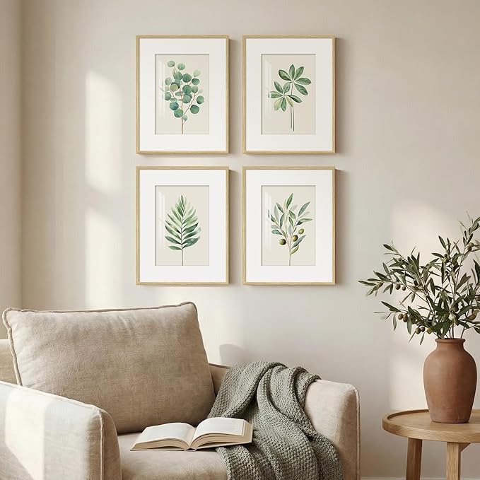 Framed Sage Green Botanical Wall Art for Bathroom, 4 piece Farmhouse Minimalist Plant Artwork for Walls, Boho Green White Leaf Picture Prints for Bedroom Kitchen Living Room Wall Decor 11x14