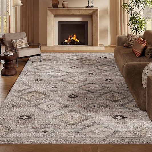 9x12 Area Rugs Light Brown Washable Rug for Living Room, Dining Room, Bedroom, Large Carpets, Non Slip & Non-Shedding Low Pile Vintage Print Rug for Home Office Decor