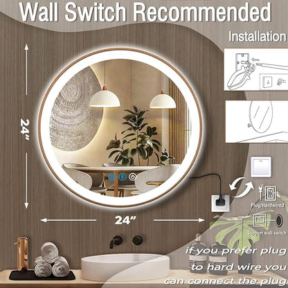 24 Inch Wood Bathroom Round LED Mirror with Lights Wood Frame Round Lighted Mirror for Bathroom Wall Round Vanity Lighted Mirrors 3 Color Dimmable Anti Fog Bathroom Circle Smart Light up Mirror