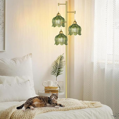 Vintage Floor Lamps for Living Room Bedroom-3 Light Gold Floor Lamp with Glass Lampshape, Flower Green Tall Lamp Mid Century Modern Standing Lamp Tree Floor Lamp for Bedroom Living Room Corner