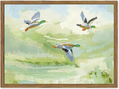 Vintage Mallard Duck Wall Art Cottagecore Flying Ducks Wall Decor Painting Rustic Bird Animal Landscape 3D Textured Hand Drawn Sandstone Artwork for Living Room Bedroom 12x16 inch Framed