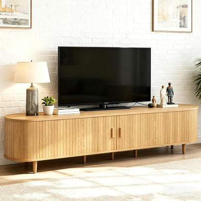 80" Mid Century Modern TV Stand, Wood TV Consoles with Sliding Doors and Power Outlet, Entertainment Center with Adjustable Shelves, Fluted TV Stands for Living Room, Oak