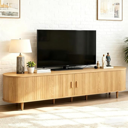 80" Mid Century Modern TV Stand, Wood TV Consoles with Sliding Doors and Power Outlet, Entertainment Center with Adjustable Shelves, Fluted TV Stands for Living Room, Oak