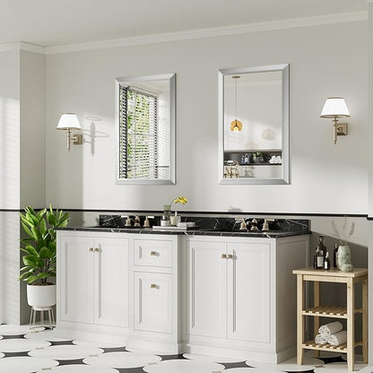 24x36 Inch Brushed Silver Bathroom Mirror for Wall, Thick Metal Framed Rectangle Mirrors for Over Sink, Bedroom, Living Room, Entryway, Anti-Rust, HD Tempered Glass