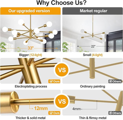 10.9"-52.3" Height Adjustable Modern Chandelier Ceiling Light Fixture, 12-Light Sputnik Chandeliers Brushed Gold Mid Century Chandelier Over Table, Chandeliers for Dining Room (Bulbs Not Included)