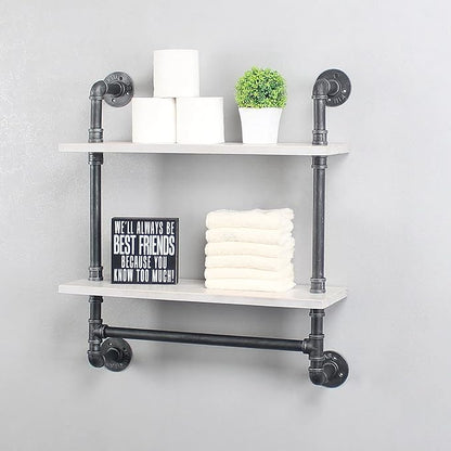 Iron Pipe Shelves Industrial Bathroom Shelves with Towel bar,24in Rustic Metal Pipe Floating Shelves Pipe Wall Shelf,2 Tier Industrial Shelf Wall Mounted,Retro White