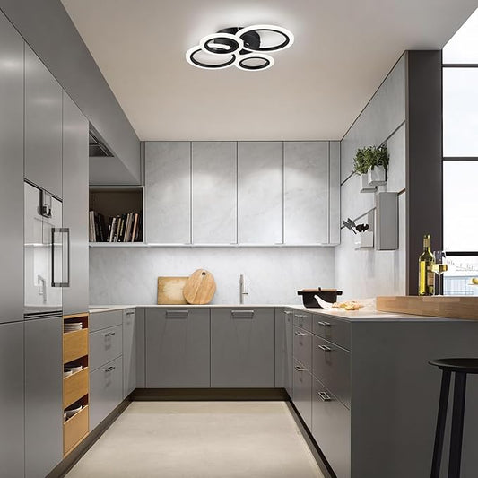 Modern LED Flush Mount Ceiling Light, 4 Rings Black Close to Ceiling Light Fixtures, Kitchen Lighting Fixture Ceiling Lamp for Bedroom, Living Room, Laundry Room, 4000K Not Dimmable