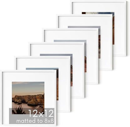HAUS AND HUES 12x12 White Aluminum Frame Set of 6 - Matted to 8x8, Hanging Hardware, Shatterproof Plexiglass (12x12 in, White)