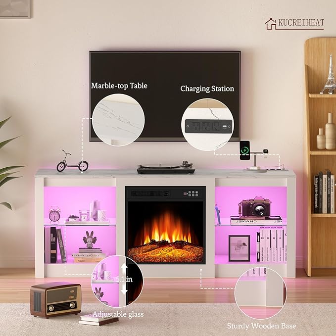 Kucreiheat 58 inch TV Stand with Fireplace-Entertainment Center with LED & Outlet for 65 inch TV-White Media Console with Adjustable Glass Shelves, Modern TV Table for Living Room/Bedroom