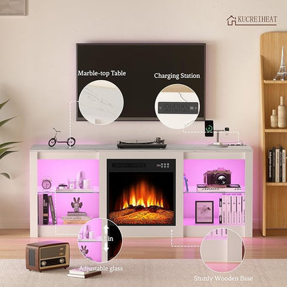 Kucreiheat 58 inch TV Stand with Fireplace-Entertainment Center with LED & Outlet for 65 inch TV-White Media Console with Adjustable Glass Shelves, Modern TV Table for Living Room/Bedroom