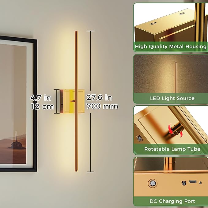 DORESshop Battery Operated Wall Sconces Set of 2, Dimmable Battery Wall Sconce with Remote Control, Brass 350°Rotate Rechargeable Sconces, 28.1 Inch Wireless Wall Lights for Bedroom, Living Room
