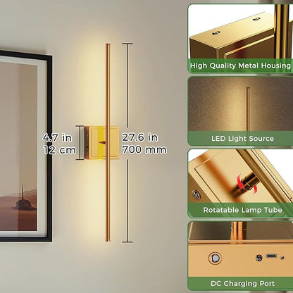 DORESshop Battery Operated Wall Sconces Set of 2, Dimmable Battery Wall Sconce with Remote Control, Brass 350°Rotate Rechargeable Sconces, 28.1 Inch Wireless Wall Lights for Bedroom, Living Room