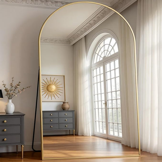 Dewfig Arched Full Length Mirror, 90"x46" Large Floor Mirror with Stand, Oversized Full Body Mirrors for Leaning or Hanging, Wall Mounted Mirrors for Bedroom, Living Room,Dressing Room, Gold