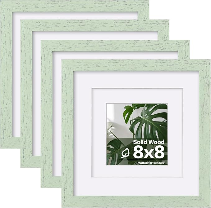 Egofine 8x8 Picture Frame 4PCS, Made of Solid Wood Covered by Plexiglass Display 4x4/6x6 with Mat or 8x8 without Mat, for Table Top Display and Wall Mounting Photo Frame, Rustic Green