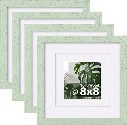 Egofine 8x8 Picture Frame 4PCS, Made of Solid Wood Covered by Plexiglass Display 4x4/6x6 with Mat or 8x8 without Mat, for Table Top Display and Wall Mounting Photo Frame, Rustic Green