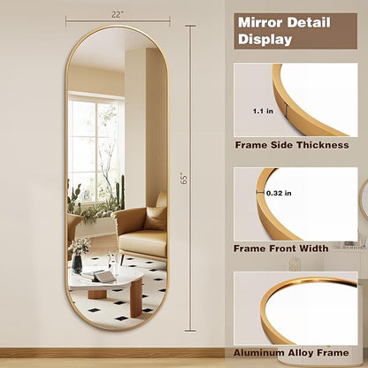 Niccy 65"×22" Oval Full Length Mirrors, Long Wall-Mounted Mirror with Aluminum Frame, Large Body Mirrors for Living Room, Explosion-Proof Hanging Wall Mirror for Bathroom Bedroom Entryway Decor, Gold