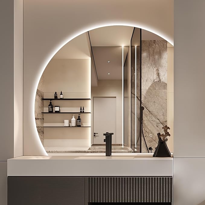 Niccy 40" LED Bathroom Mirror with Lights, Half Moon Led Mirrors, Irregular Backlit Mirrors for Entryway, Anti-Fog, Dimmable, Makeup Mirror, Explosion Proof, Round Lighted Vanity Mirrors, White Light