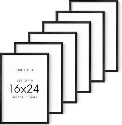 HAUS AND HUES 16x24 Black Metal Picture Frames - Features Premium Aluminum & Hanging Hardware, Shatterproof Plexiglass - Perfect for Home, Room, Office (16x24 in, Black, Set of 6)