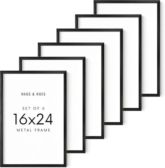 HAUS AND HUES 16x24 Black Metal Picture Frames - Features Premium Aluminum & Hanging Hardware, Shatterproof Plexiglass - Perfect for Home, Room, Office (16x24 in, Black, Set of 6)