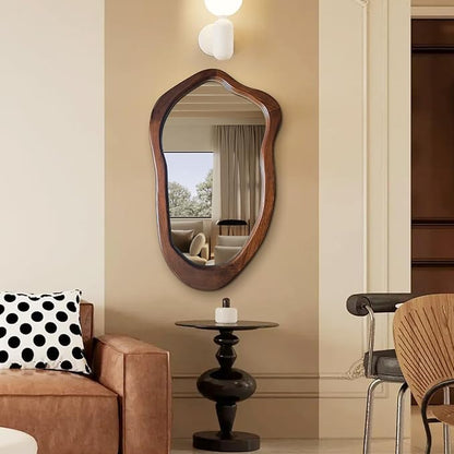 Irregular Wall Mirror 40"x24", Walnut Asymmetrical Mirror, Wood Bathroom Mirrors Wall Mounted, Wall Mirrors Decorative for Living Room, Bedroom, Bathroom, Hallway, Entryway