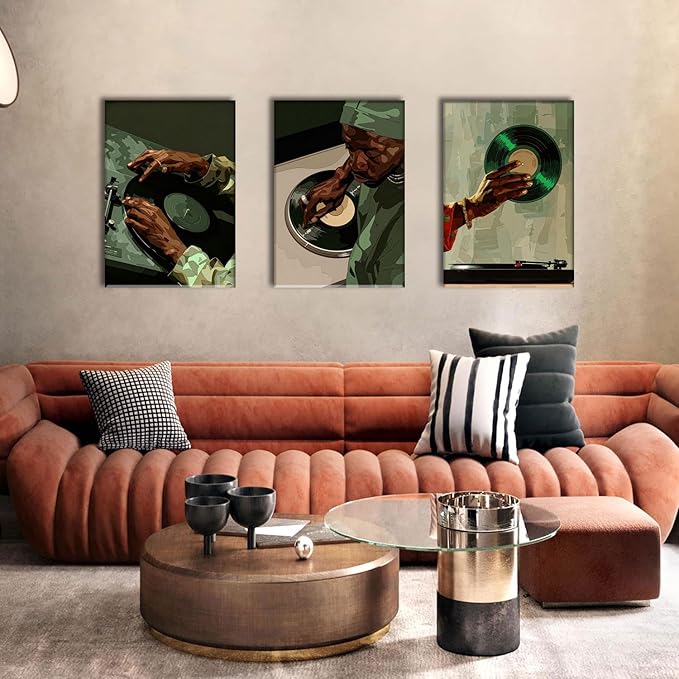 AOYUSMO 3 Piece African American Wall Art Black Men Wall Decor Record Canvas Art Fashion Music Pictures Music Studio Paintings Modern Trendy Artwork For Living Room Bedroom