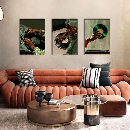 AOYUSMO 3 Piece African American Wall Art Black Men Wall Decor Record Canvas Art Fashion Music Pictures Music Studio Paintings Modern Trendy Artwork For Living Room Bedroom
