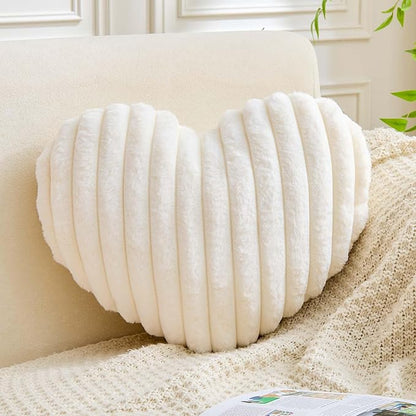 XVTRU Heart Pillows Heart Decorative Pillow Soft Fluffy Heart Shaped Ivory Throw Pillows with Faux Rabbit Fur Aesthetic Room Decor Cute Pillow for Valentines Mother's Day