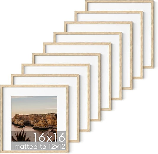 HAUS AND HUES Beige Oak Wood 16x16 Picture Frames - Set of 9, Square Frames with Mat, Premium Frames for Posters and Photos (16x16 in, Beige, Set of 9)