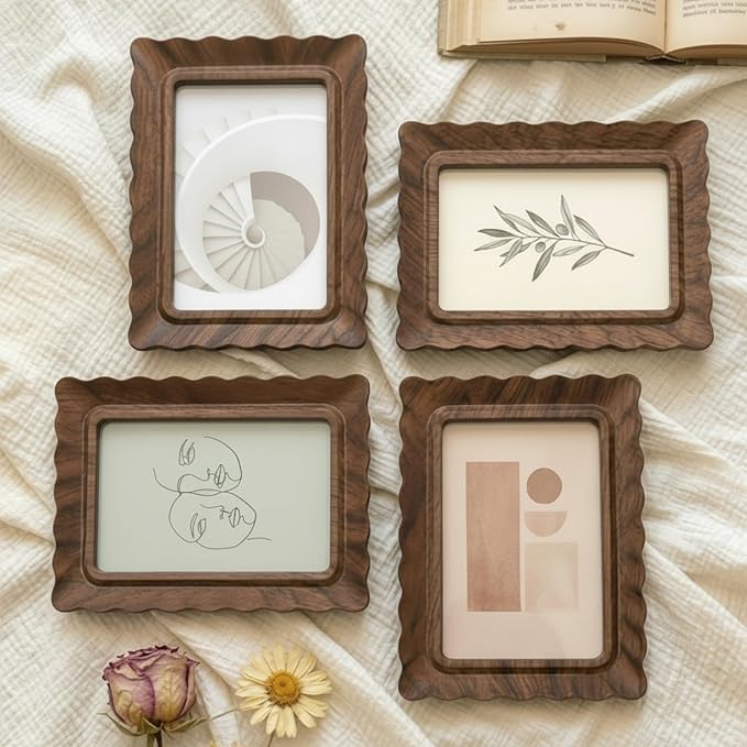 Novabright 4 Pcs 5 x 7 Inch Wood Scalloped Petal Picture Frame Vintage Photo Frame with Real Glass for Tabletop and Wall Display Home Decor Photo Gallery Family Friend Wedding Graduation Gift