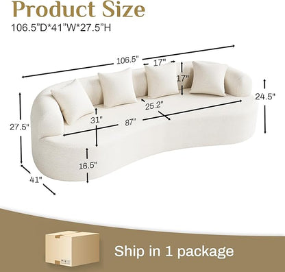 Oversized Sectional Sofa for Living Room, Modern Luxury Plush Chenille 4-Seater Extra Deep & Wide Seat Curved Cloud Couch with 4 Throw Pillows, No Assembly Needed, Cream White
