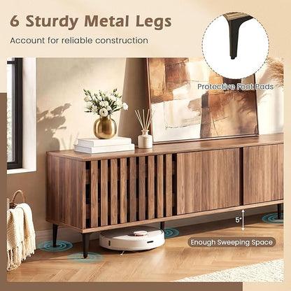 Giantex 4-Door Slatted TV Stand for 80 Inches TVs, Mid Century Modern Entertainment Center with 4 Storage Cabinets, Wooden TV Console Table with 6 Metal Legs for Living Room, Bedroom, Walnut