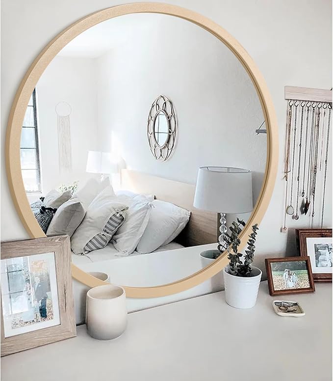 JJUUYOU Large Round Mirrors for Wall Circular Mirror for Bathroom 24 Inc Wood Framed Round Mirror for Bathroom Make up Mirror for Living Room Wall Mounted Bedroom Dorm