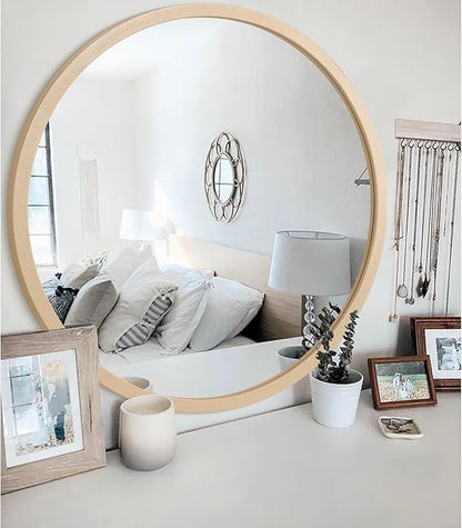 JJUUYOU Large Round Mirrors for Wall Circular Mirror for Bathroom 24 Inc Wood Framed Round Mirror for Bathroom Make up Mirror for Living Room Wall Mounted Bedroom Dorm