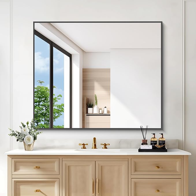 DESBING Black Bathroom Mirror for Wall, 30x36 Inch Rectangle Mirrors with Metal Frame, Modern Vanity Wall Mirror Decor for Entryway Hangs, Bathroom Living Room Horizontal or Vertical