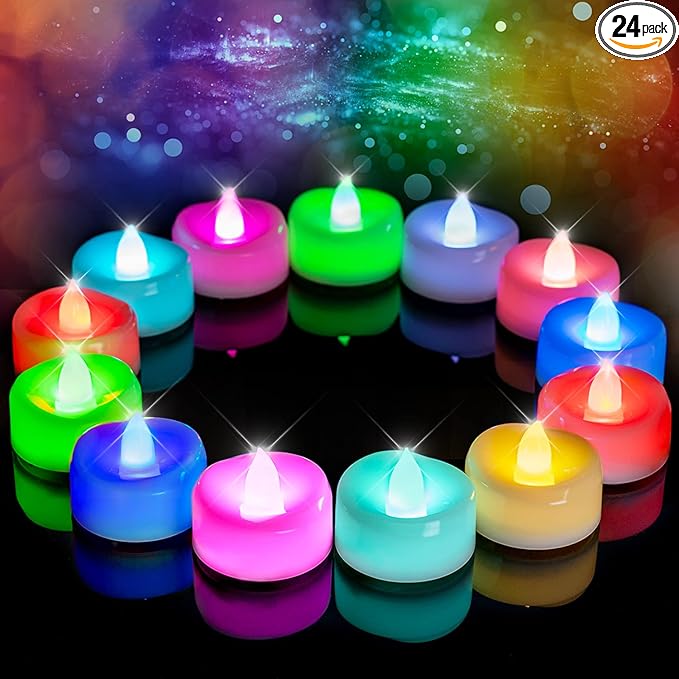 merrynights LED Candles, 24-Pack Color Changing Tea Lights Candles Battery Operated Bulk, Long-Lasting 200+ Hours Flameless Tealight Candles for Halloween Christmas Holiday Decor, 1.5'' D X 1.25'' H