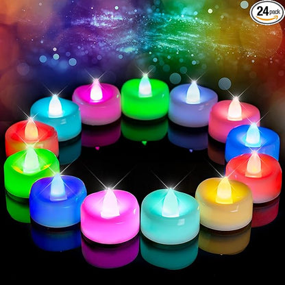 merrynights LED Candles, 24-Pack Color Changing Tea Lights Candles Battery Operated Bulk, Long-Lasting 200+ Hours Flameless Tealight Candles for Halloween Christmas Holiday Decor, 1.5'' D X 1.25'' H