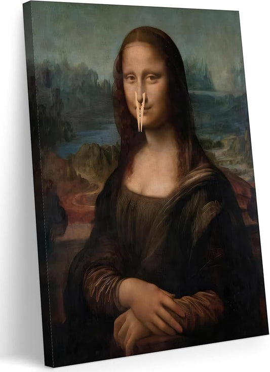 FWAHREN Funny Mona Lisa Bathroom Canvas Wall Art, Framed Vintage Painting Pictures Artwork, Black and White Mona Lisa with Clothespin Nose Poster Wall Decor for Restroom Toilet, Wrapped Canvas 12x16in