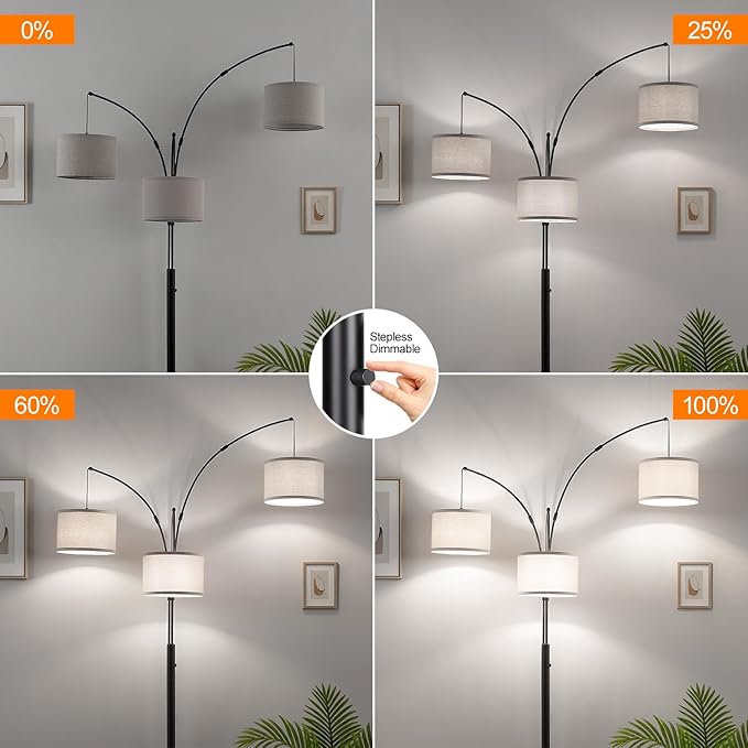 Dimmable Floor Lamp, 3 Lights Black Arc Floor Lamp, Modern Tall Standing Tree Lamp with Grey Linen Shades & Heavy Base, 3000LM LED Bulbs, Bright Lighting for Living Room, Bedroom, Office & Reading