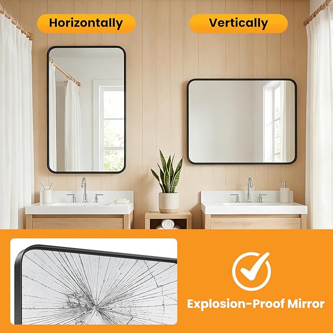 OLIXIS Bathroom Mirror for Over Sink, 24x36 Inch Wall Rectangle Mirror with Matte Metal Framed, Modern Wall Mount Vanity Mirror for Home Decor, Living Room, Bedroom, Black
