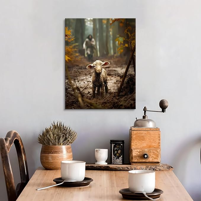 Jesus and Lamb Canvas Wall Art Jesus Running After Lost Sheep Wall Decor Christian Baptism gifts Lamb of God Painting Poster Print Artwork for Living Room Bedroom Church Decor 8X10 in canvas