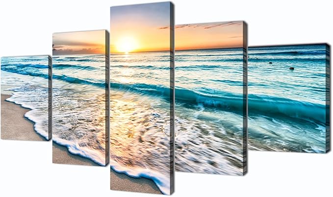 Yatsen Bridge Beach Ocean Painting on Canvas Wall Art, Modern Landscape Scenery Posters and Prints Pictures for Living Room Bedroom, Gallery-wrapped Canvas Art Set Framed (60''W x 32''H)