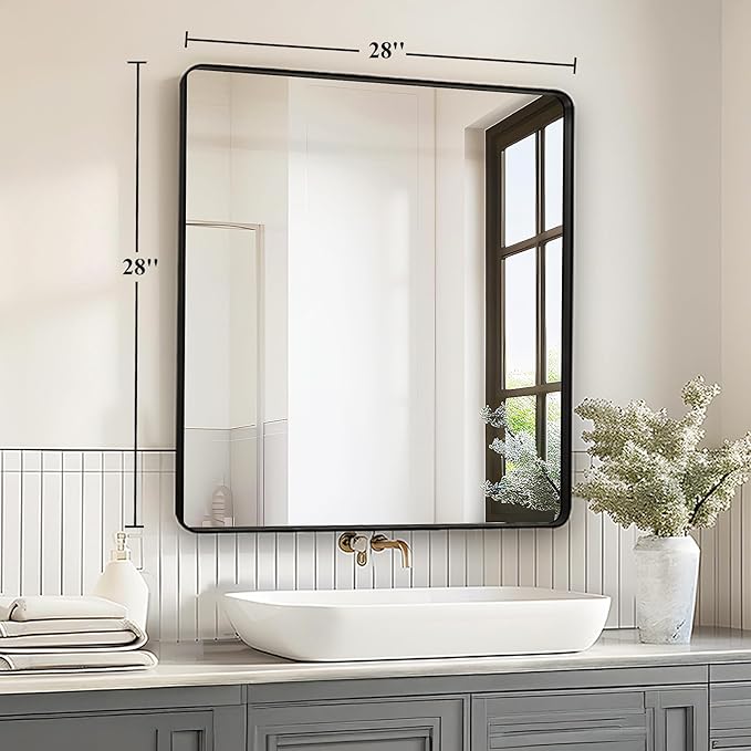 28x28 Inch Black Bathroom Mirror - Metal Framed Square Mirror for Bathroom Over Sink, Matte Wall Mirrors for Restroom, Bedroom, Entryway, High-Definition