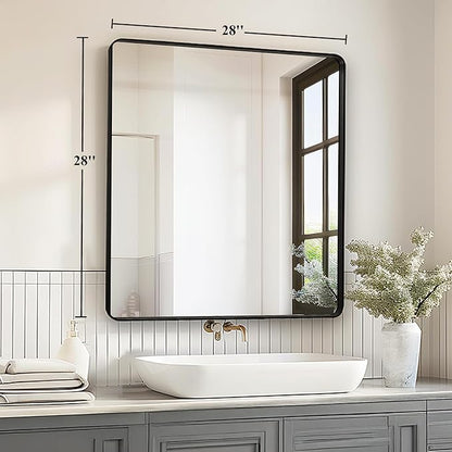 28x28 Inch Black Bathroom Mirror - Metal Framed Square Mirror for Bathroom Over Sink, Matte Wall Mirrors for Restroom, Bedroom, Entryway, High-Definition